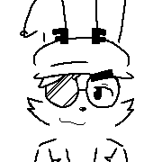 A very sketchy pixel art drawing of a jackalope furry with round glasses and thick eyebrows wearing a beret and looking at the camera with a cocky expression